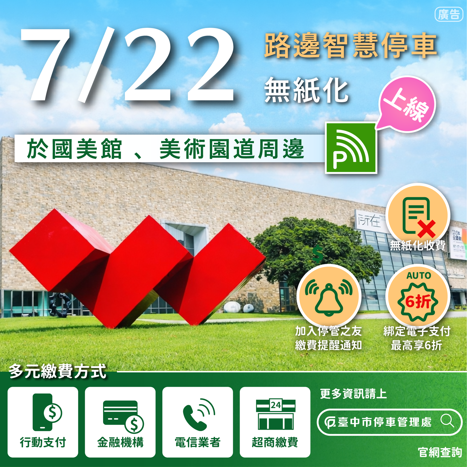 路邊智慧停車7月22日擴大至國美館周邊 綁定電子支付最高享6折優惠